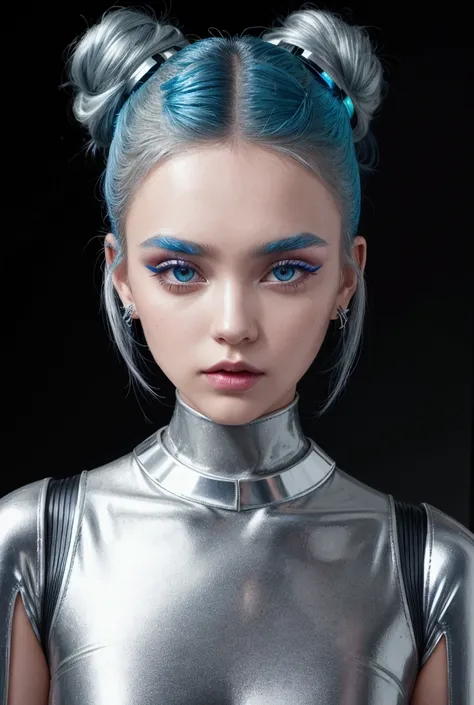 She may be wearing a futuristic silver dress with neon accents., paired with bright accessories and bold makeup. Her hair would be a shade of metallic blue, Pinned up in a sleek bun