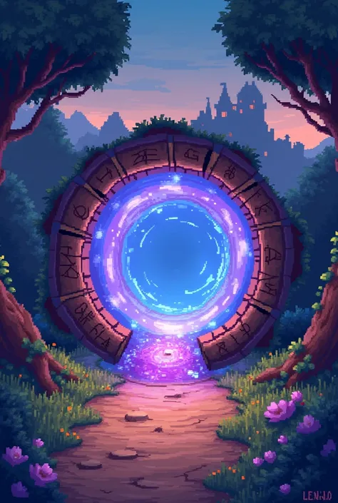 Based on the Stardew game style, its textures and etc. are worth it., create a small magic portal that takes you to another dimension, pixelart, purple background portal, runico, castle