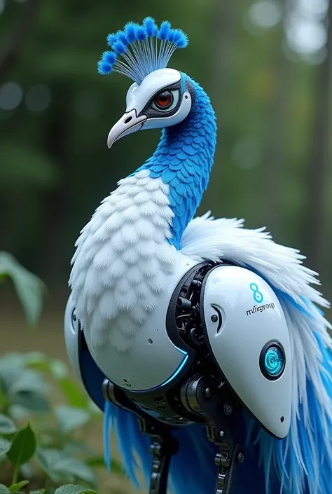 a robotic peacock that looks like a real one with white and blue colors with the Miragroup logo and feathers as if it were a real one but the blue stands out more 
