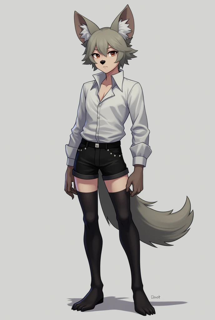 small male wolf ears and tail with black shorts and stockings and a tight fitting shirt standing