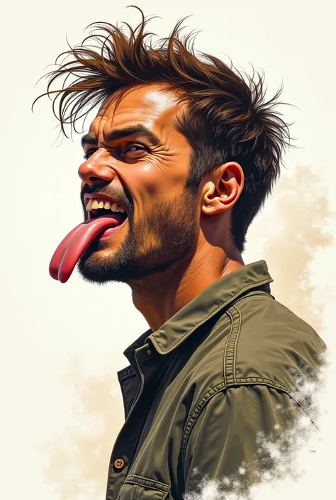 Create a sketch of a man sticking out his tongue in front profile with faded hair, full body, marvel style