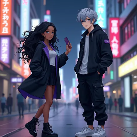 (best qualityer), (background of a city, as if she were in downtown Tokyo at night), (detailded), 1 girl, with dark skin (black), long black curly hair, the purple iris, height 155 cm, black coat in a slightly futuristic style, but minimalist but beautiful...