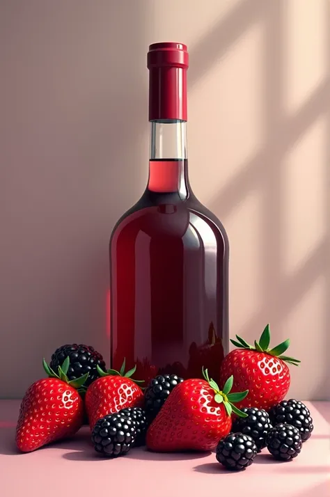 Create a drawing with a wine bottle, strawberries and blackberries 