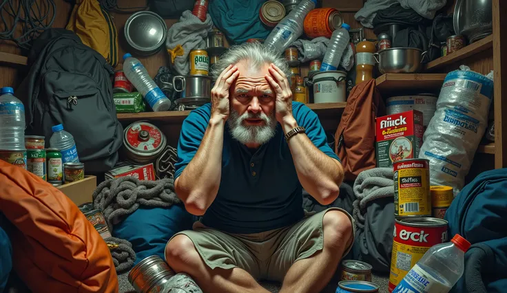 A man in the middle of a cluttered room full of camping equipment, food and water supplies, putting his hands to his head with an expression of despair. he is tied to a mountain of camping equipment, food cans and water bottles.