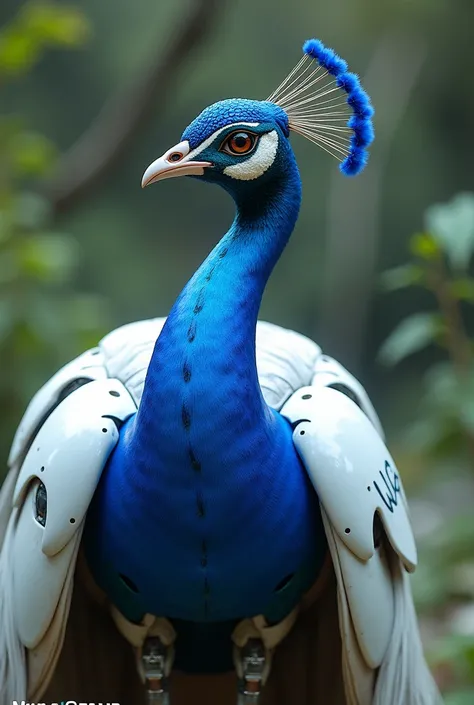 a robotic peacock that looks like a real one with white and blue colors with the Miragroup logo and feathers as if it were a real one but the blue stands out more 
