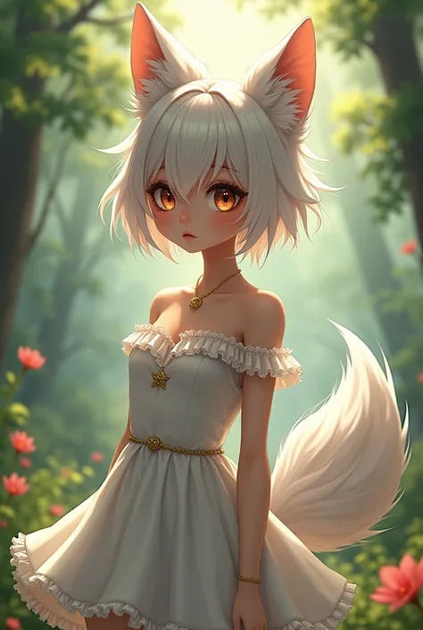 Male wolf ears and tail, women&#39;s clothing and female body, young femboy with charm 