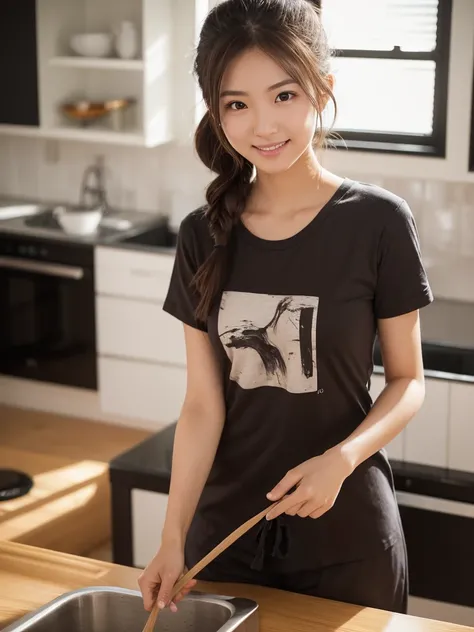 She is a very beautiful college student Japanese woman wearing a plain pajama T-shirt, (One woman:1.2), I can see her from head to toe, She has very beautiful, radiant skin, BREAK, Focus on her whole body and strongly blur the background, There are no huma...