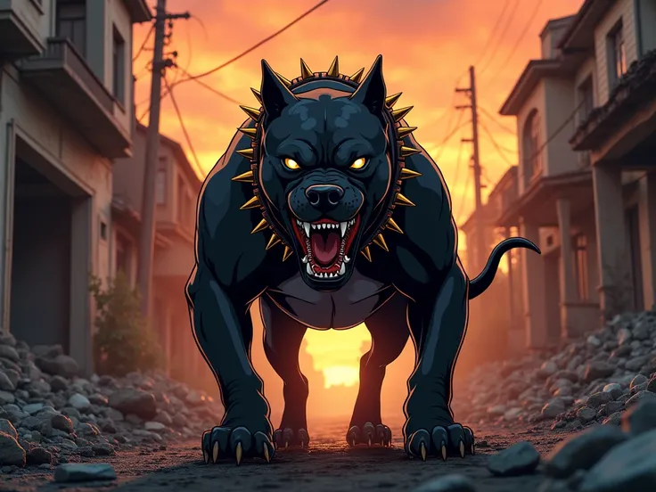 A anime black pitbull with a fierce expression, standing in the middle of a street at sunset. The POV shot highlights the dogs muscular build, wearing a punk-style spiked collar, emphasizing its powerful presence. The background features a destroyed house,...