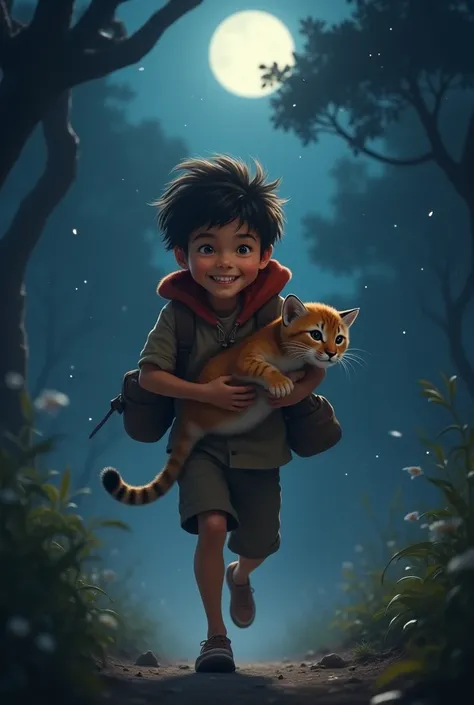 Boy running around holding a small baby puma in his hands in the middle of the night 