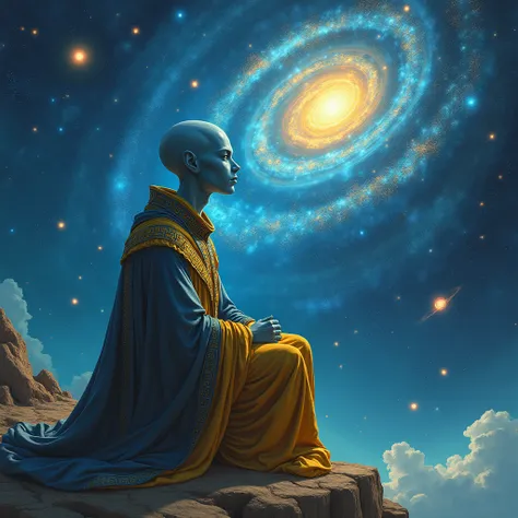 blue alien, oval head, baldie,  brooding, gold and blue monk&#39;s robe with symbols, galaxy and planets background