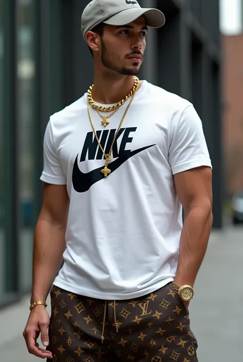 Man wearing Nike shirt Luive Vutton pants Nike cap Gold on neck Gold ring on finger 


