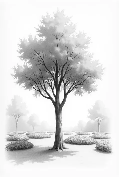 On a sheet of paper, make a pencil drawing of a tree with shade and behind it many shaded gardens, simpler and not with much garden, now that it can be seen that it was done by a human.