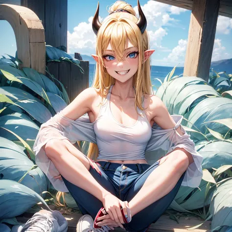 1girl, in full height (Body Full 1.1), Horns, smile, long fangs, hairlong, looking a viewer, small breasts, punk, low cut jeans, blue eyes, Hair between the eyes, (with grinning shoulders:1.3), White T Shirt Ultra transparent, blonde woman, tenis Shoes, se...