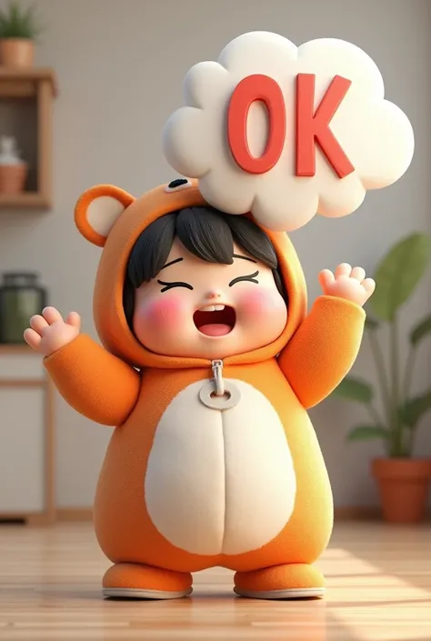 (girl),(()) ,3d images ,Highest quality 8K ,Chubby body shape,((Very fat)),Pink cheeks,podgy,Good mood,((Shumi over the head)),((Hold up a very large OK message.)),((white)),(("OK")),((Open your eyes.)),Put on a stuffed animal costume,Balanced lighting,blu...