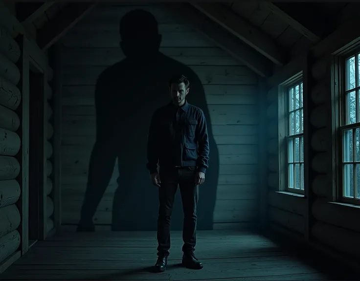 creates a completely black shadow of humanoid shape behind a man at night in a cabin
