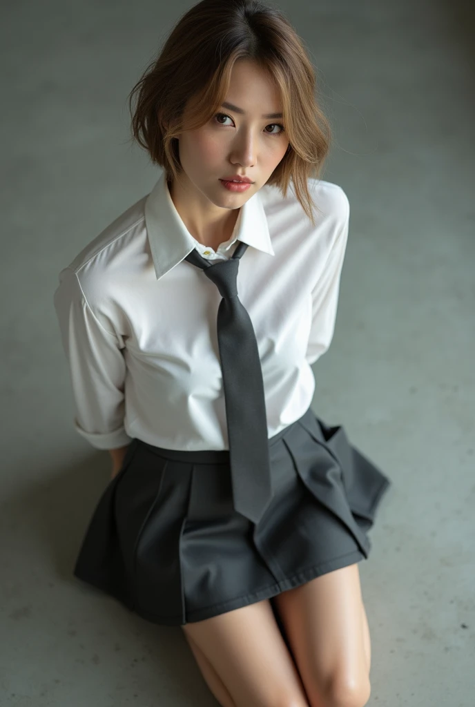 Fully in focus photo from above of an 1 slim pretty Caucasian woman with short light-brown hair, wearing a “tight white shirt”, a “dark-grey tie”, and a “dark-grey pleated miniskirt”. She is kneeling, with both arms behind her back, looking up to camera.  