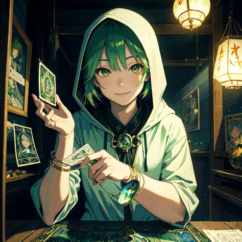 Impressionist paintings, Realistic, A smiling young hooded Asian woman, green hair,fortune teller, Tarot cards and crystals on the table, View your viewers, Mysterious, Magic, Shine, Shineing, dark Magic lighting, Sulky, Cinematic, Shine, Sparkling, darkne...