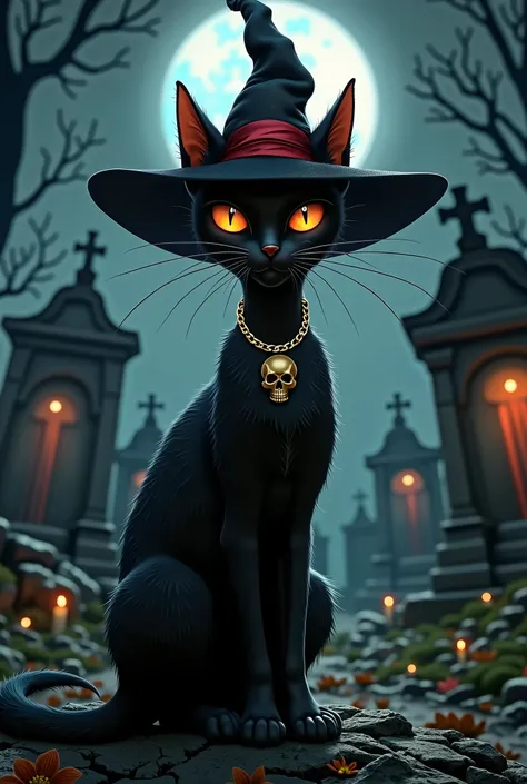 cat black, with skull necklace, with a long black hat and a red band, In the cemetery at night, with tombs around and a starry sky 