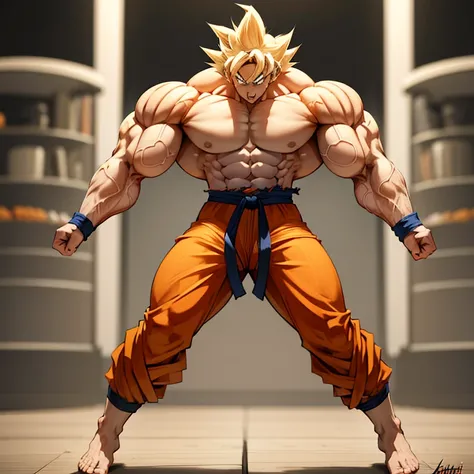 (A detailed drawing of goku, Bodybuilding-Fitnessstudio.), With a naked torso, Ripping clothes, the strongest of all, huge muscular body, big Bizeps, big shoulders, Muscle legs,abs, Barefoot, Martial arts, high step, Full body image, Rear view, Side chest,...