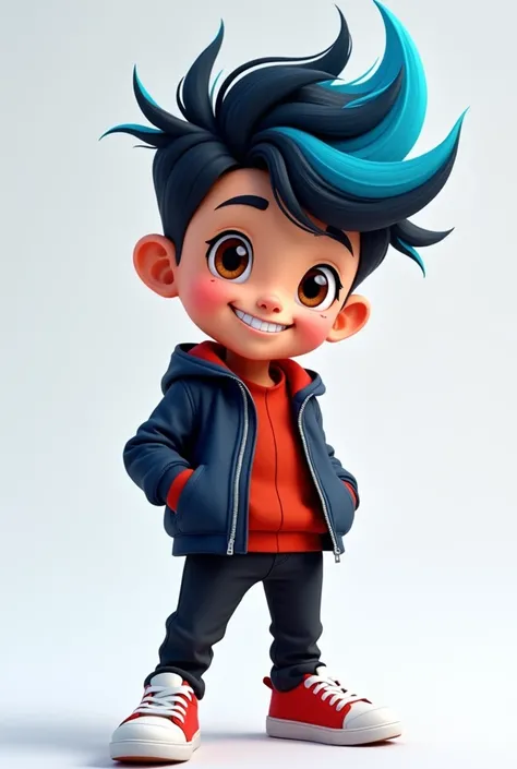 Make an image of a boy with black hair and a blue streak in the front with brown eyes smiling with a dark blue jacket with red details and black pants and white sneakers