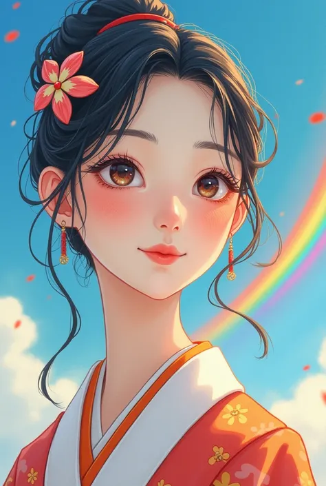 A close-up of a beautiful 40-year-old Japanese woman dressed as an oiran, with a rainbow shining in the background on a clear, sunny day. The focus is on her face, capturing her beauty, grace, and delicate features. The watercolor style features no white, ...