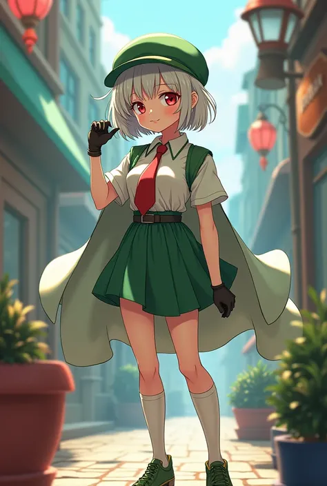 prushka, medium breasts, white hair, multicolored hair, short hair, red eyes, green hat, necktie, skirt, capelete, gloves, green footwear, Conan Edogawa, Conan, Edogawa, Peepee, shota