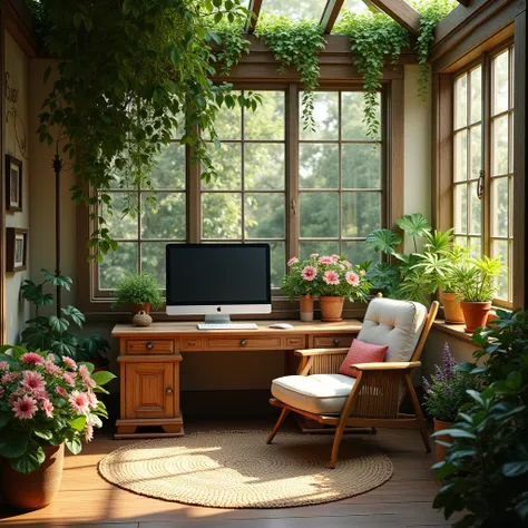 a beautiful boho style home office in a garden, detailed wooden desk, large monitor, comfortable armchair, idyllic environment, 8k, photorealistic, masterpiece, highly detailed, realistic, intricate, lush greenery, sun rays, cozy atmosphere, warm lighting,...