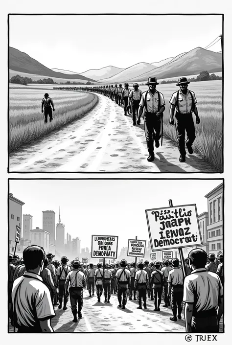 *black and white comics*
Settlers and workers on a dirt road, symbolizing the "March to the West".


*Quadrinho 1*
storyteller: 
A March to the West incentivou a colonização e o desenvolvimento do interior do Brasil."

Protests in big cities, with banners ...