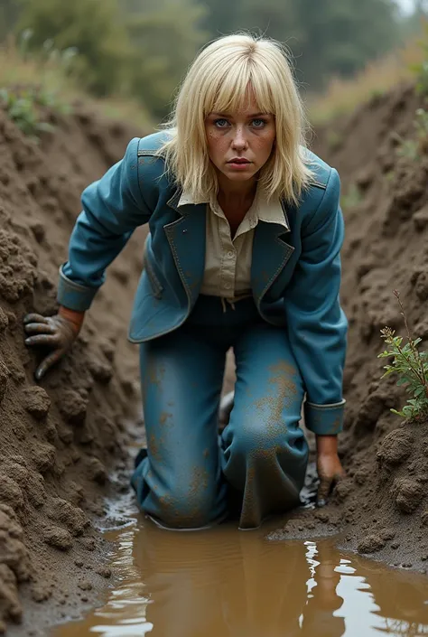 (photorealism:1.2), Dirty fully covered of mud and manure wet hair. Blonde 1977 bob woman. Blue pale 70s suit fully covered of  huge shiny mud, with clumps of  manure, slurry and excrement. Very Dirty White 70s shirt with collar over the jacket lapels with...