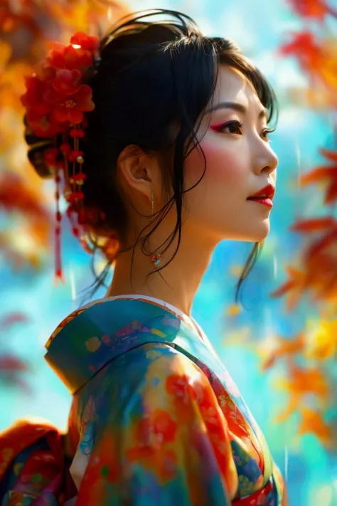 A close-up of a beautiful 40-year-old Japanese woman dressed as an oiran, with a rainbow shining in the background on a clear, sunny day. The focus is on her face, capturing her beauty, grace, and delicate features. The watercolor style features no white, ...