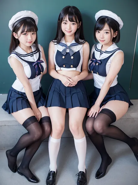 Sleeveless tight sailor suit、Tight sailor suit with buttons、(A pleated skirt so short that you can almost see her panties:1.2)、Underbust、(Big Breasts:1.4)、(Primary school students:1.4)、(Young face:1.4)、(Short:1.4)、whole body、smile、Erect nipples、(The three ...