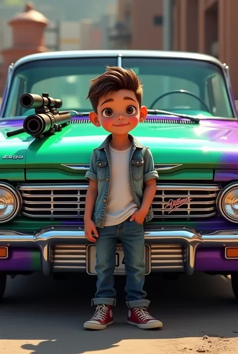 A cute  boy stand in front of Chevrolet Impala car 
The car color is green and purple And a gun  on car bonnet with bullts ultra realistic 