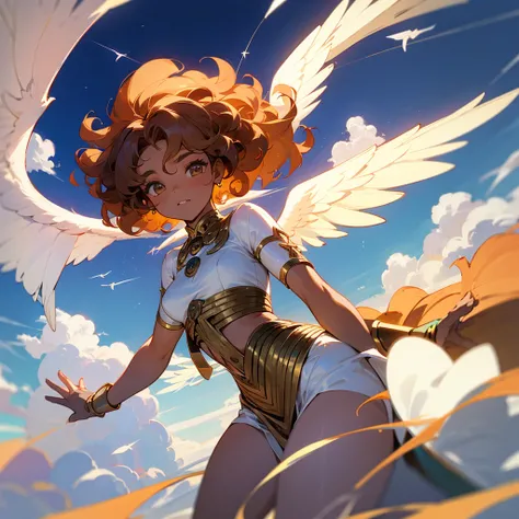 an African-descendant female angel with well-defined curly hair, flying angelically from a medium distance