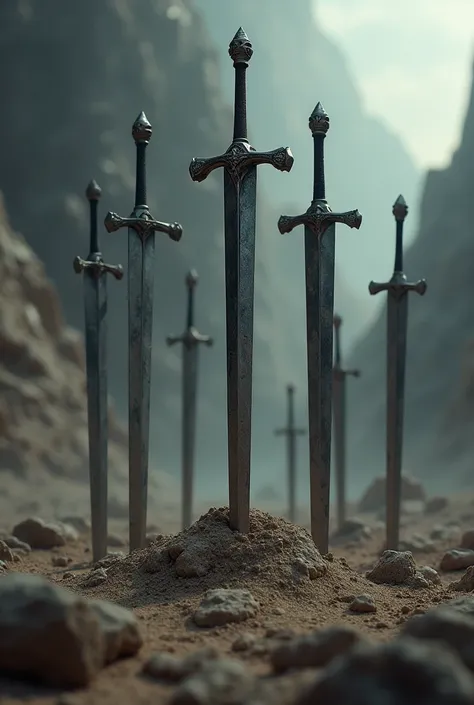 Create a scene with several swords stuck in the ground 