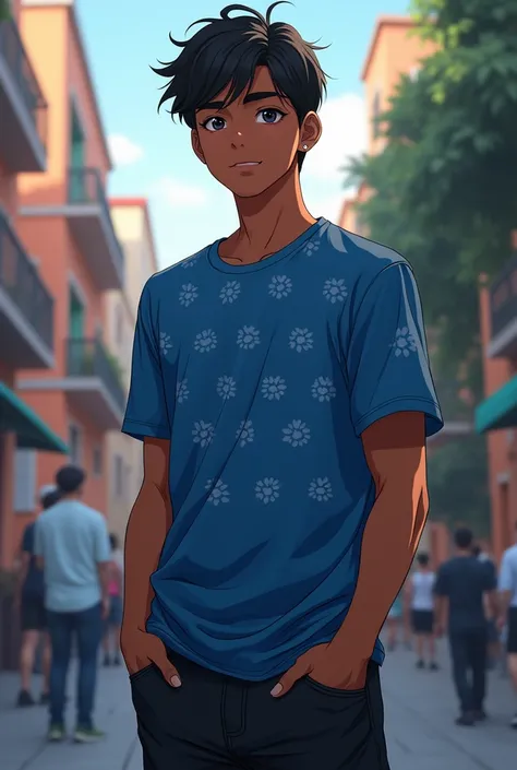 An handsome young man, wearing a blue designed t-shirt and a black jeans pants, he is black skin, short hair, black eyes, anime style, realistic wide shot 