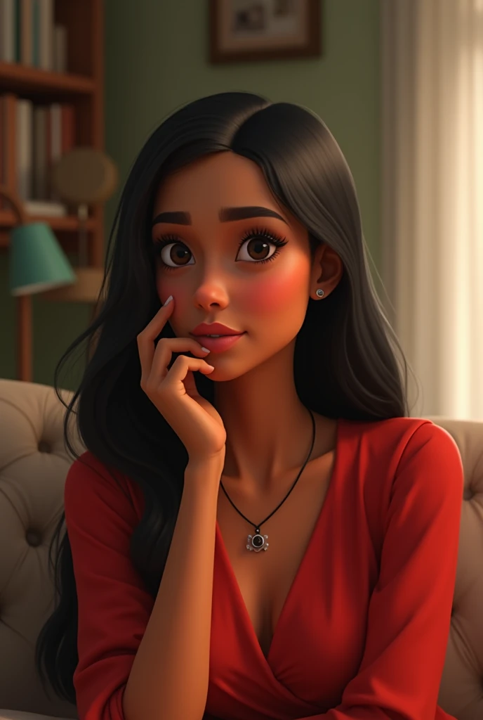 A Brazilian woman with straight black hair,black eyes with a red blouse and black necklace, hand on chin in natural pose at home with whatsapp logo next to it. pixar