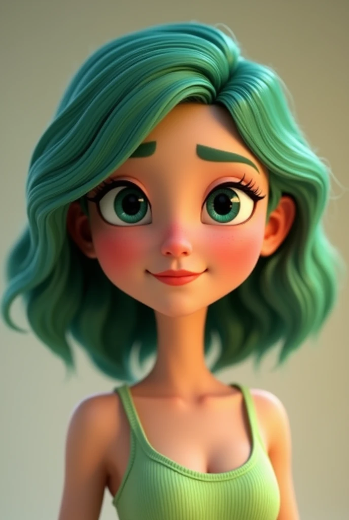 Character of a woman with green hair smiling gently at the camera, animation character, stylized character, animation style rendering, 3d stylized, Arnold Maya rendering, Stylized 3D rendering, toon render screenshot, 3d character, 3d character, Stylized 3...