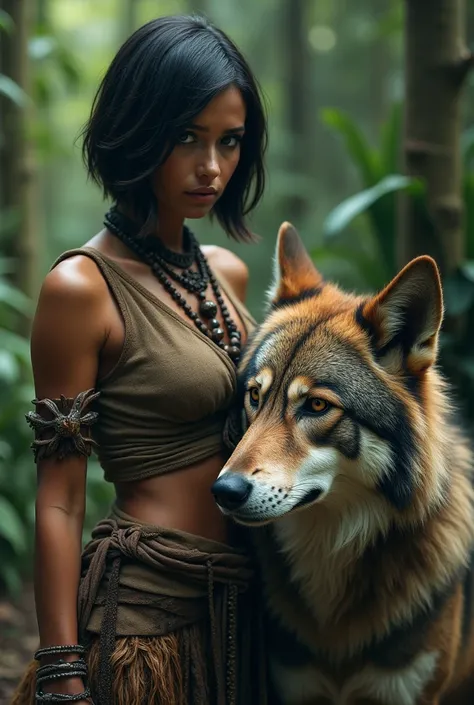 I want a picture of a woman with short black hair and a wolf dog
