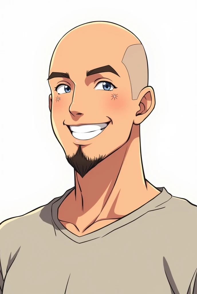 bald man with small goatee smiling, anime styling, fully body, white background
