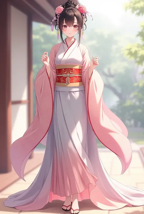 full body and use, in anime:

- A silk or brocade kimono in soft, elegant colors, like pink or light blue.

- A wide and ornate obi that would reflect her social status.

- A hakama on formal or ceremonial occasions.

- A nagajuban to add layers and textur...