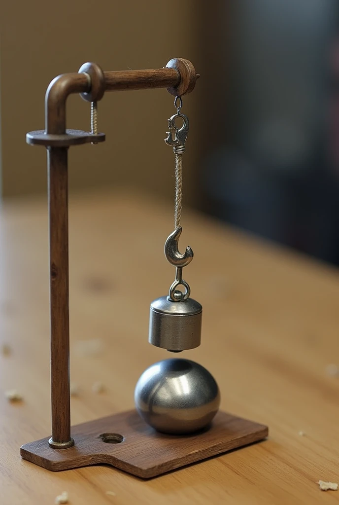 Create a small cylindrical weight with a hook on a table and the hook is connected to a rope which is connected to a pulley and below that pulley is a medium weight
