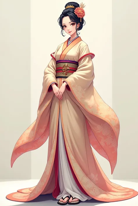 full body and use, in anime and semi-realistic:

- A silk or brocade kimono in soft, elegant colors, like pink or light blue.

- A wide and ornate obi that would reflect her social status.

- A hakama on formal or ceremonial occasions.

- A nagajuban to ad...