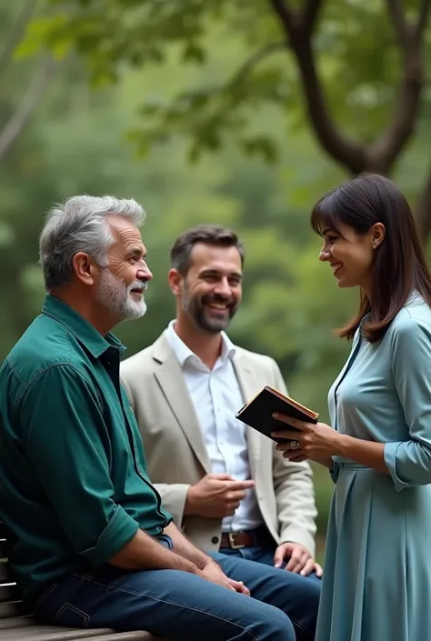 Create photo of a handsome mature man sitting and thinking and wearing a petrol green shirt and jeans on a garden bench. Standing next to him is a man in a white shirt and suit smiling with a Bible in his hand talking to him.. Next to it is a woman in a li...