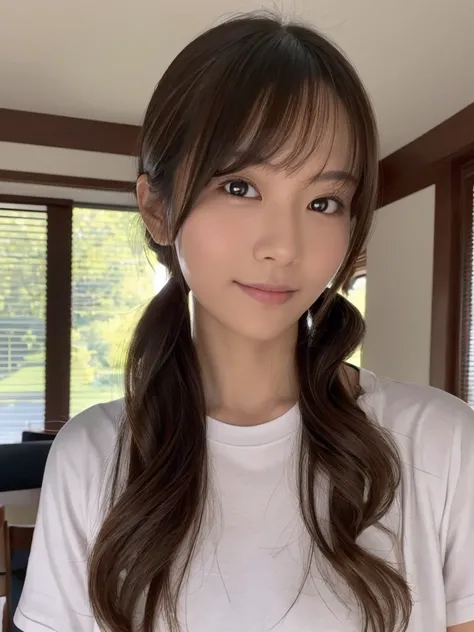 She is a very beautiful college student Japanese woman wearing a plain pajama T-shirt, (One woman:1.2), I can see her from head to toe, She has very beautiful, radiant skin, BREAK, Focus on her whole body and strongly blur the background, There are no huma...