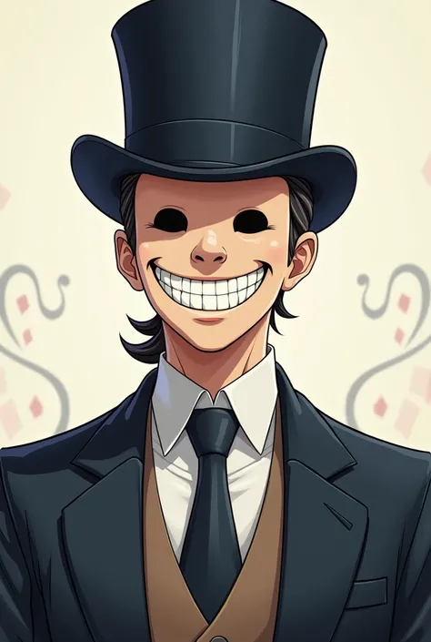 A guy in a suit, usando cartola, with a smiling mask, anime styling

