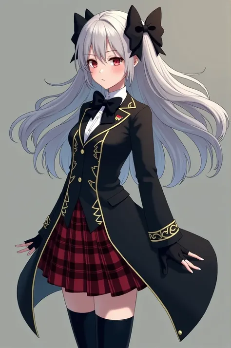 The Eminence in Shadow Alexia midgar has red eyes and long silver hair, which she usually wears in pigtails with a big black bow. His school uniform includes a jacket with gold details., a white shirt, a plaid skirt and high boots