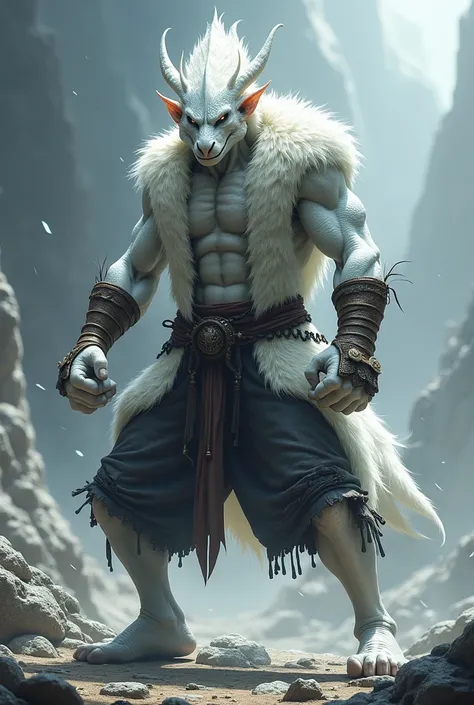 Take references from the Dungeons and Dragons Player&#39;s Guide to create a white Dragonborn, tall and slim, was trained by a monk to be a boxer and knock out his enemies with just his hands, as clothes he wears ripped shorts and an open vest with fur, bo...