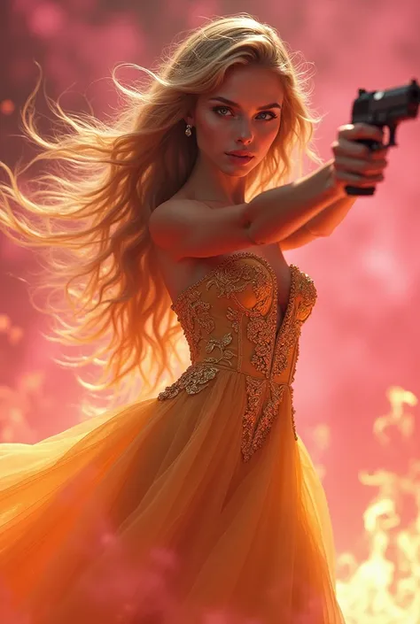  Image of an extremely beautiful woman, Long golden hair, very blue eyes shining, small nose, full lips, very beautiful, dressed in a very beautiful golden dress, pointing a gun, surrounded by a pink fire 