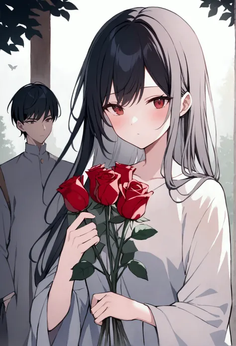 under a tree in the middle of the fog, a woman with long black hair in front of a tall man with short black hair and he is holding a pair of red roses. romantic aura