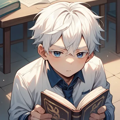 An anime character of a young boy with white hair with the tips of his hair stained blue, blue eyes and white eyelashes and fair skin holding a book in front japanese school outfit